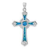 Sterling Silver Cross Pendant with Blue Opal Inlay and Cubic Zirconia Accents, Flared Arms Design