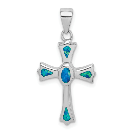 Sterling Silver Cross Pendant with Lab Created Blue Opal Center, Spiritual Charm for Men and Women
