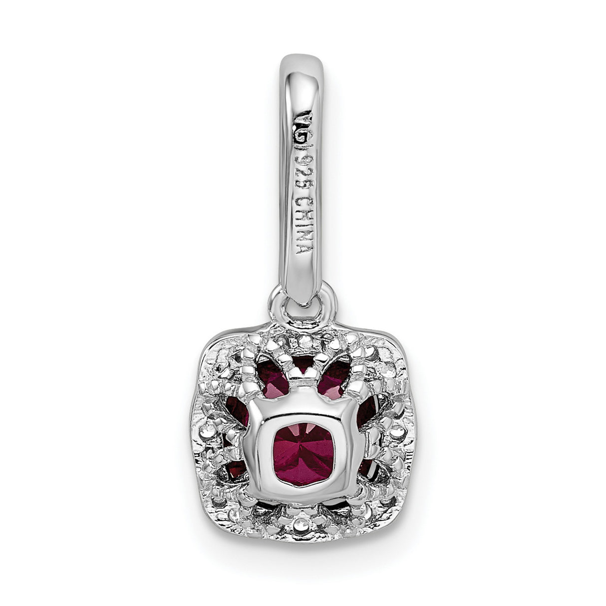 Sterling Silver Pendant with Cushion Cut Red Cubic Zirconia and Halo Setting