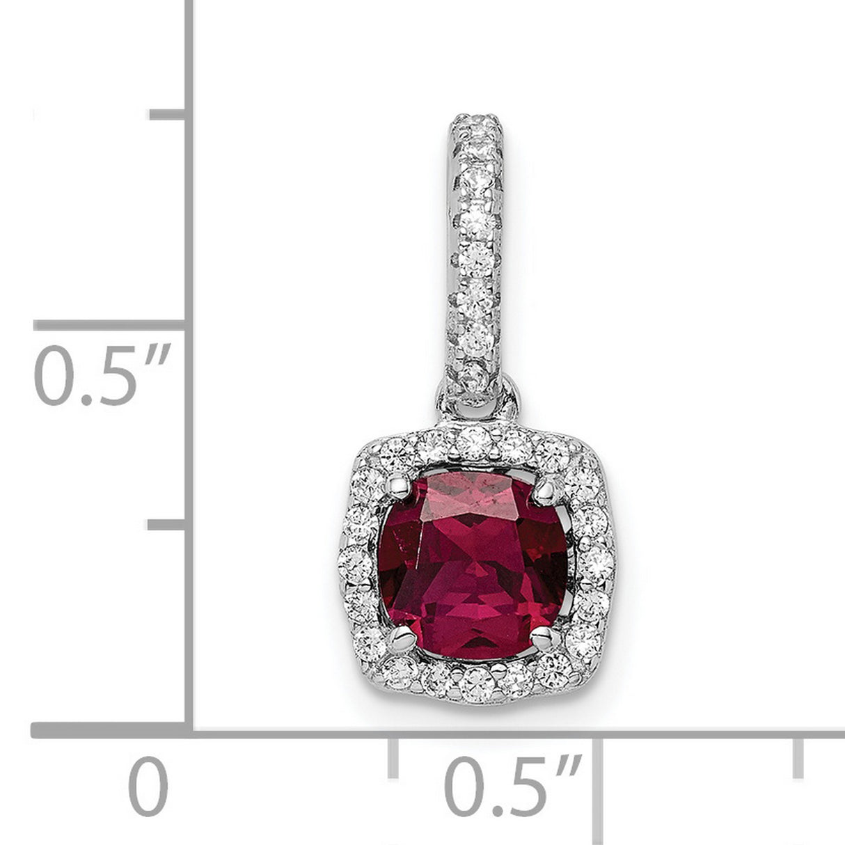 Sterling Silver Pendant with Cushion Cut Red Cubic Zirconia and Halo Setting