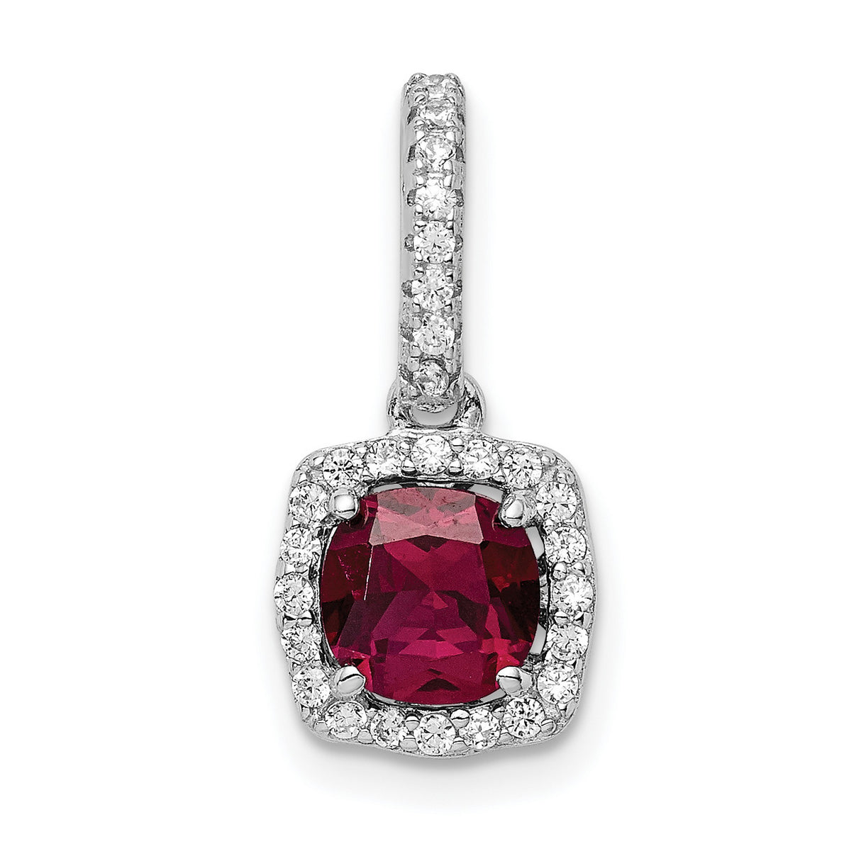 Sterling Silver Pendant with Cushion Cut Red Cubic Zirconia and Halo Setting