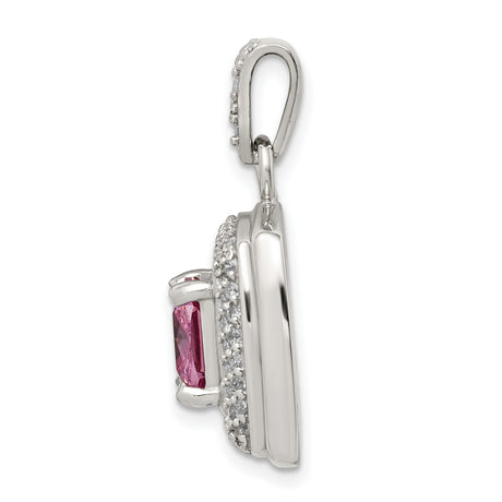 Sterling Silver Pendant with Pink Cushion Center and Double Halo of Cubic Zirconia
