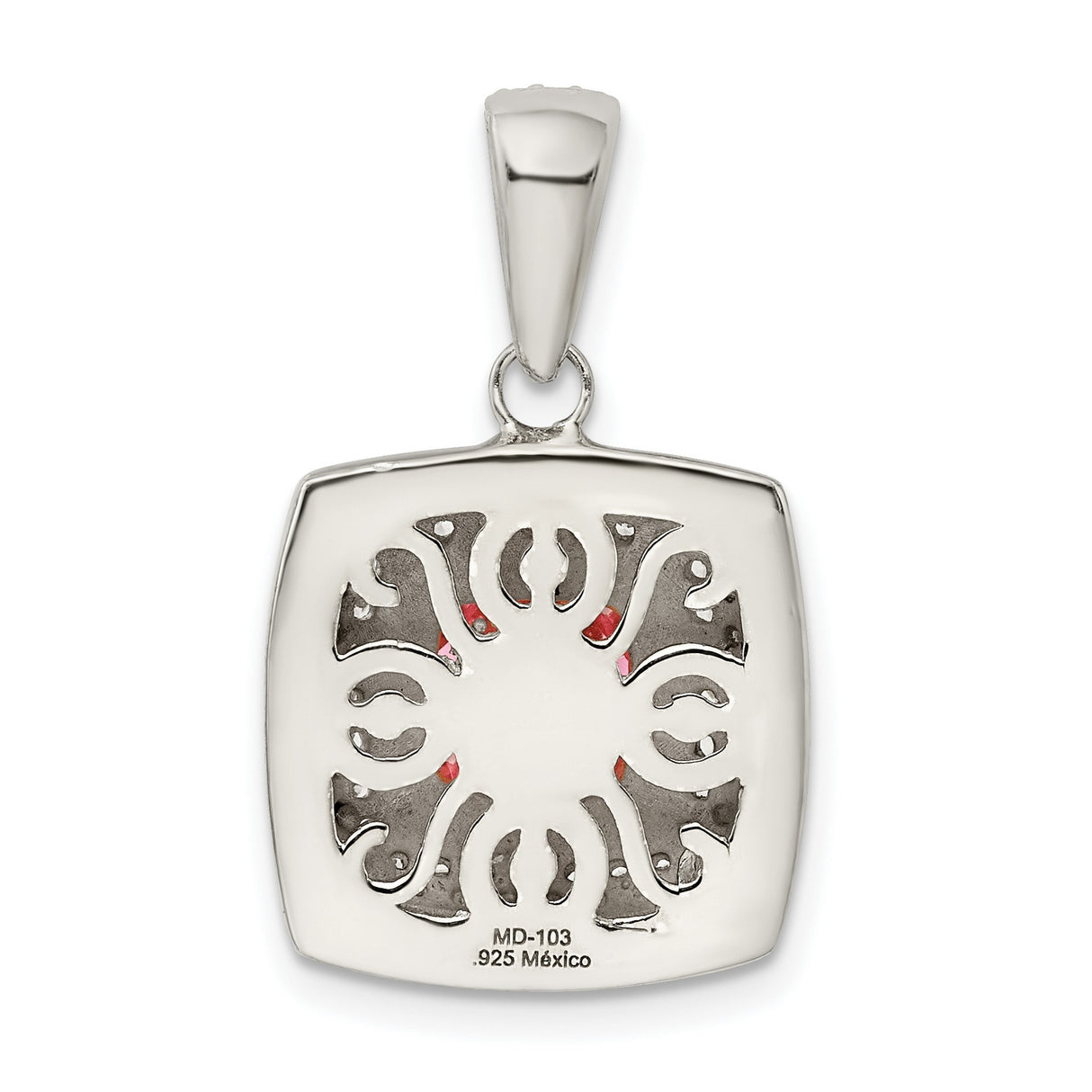Sterling Silver Pendant with Pink Cushion Center and Double Halo of Cubic Zirconia