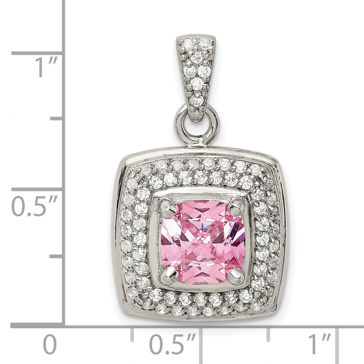Sterling Silver Pendant with Pink Cushion Center and Double Halo of Cubic Zirconia