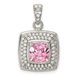 Sterling Silver Pendant with Pink Cushion Center and Double Halo of Cubic Zirconia