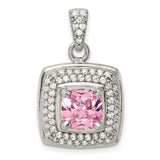 Sterling Silver Pendant with Pink Cushion Center and Double Halo of Cubic Zirconia