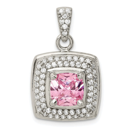 Sterling Silver Pendant with Pink Cushion Center and Double Halo of Cubic Zirconia