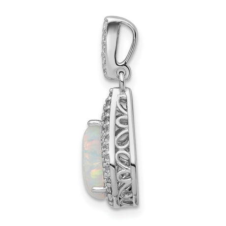 Sterling Silver Teardrop Pendant with Lab Created Opal and Cubic Zirconia Halo