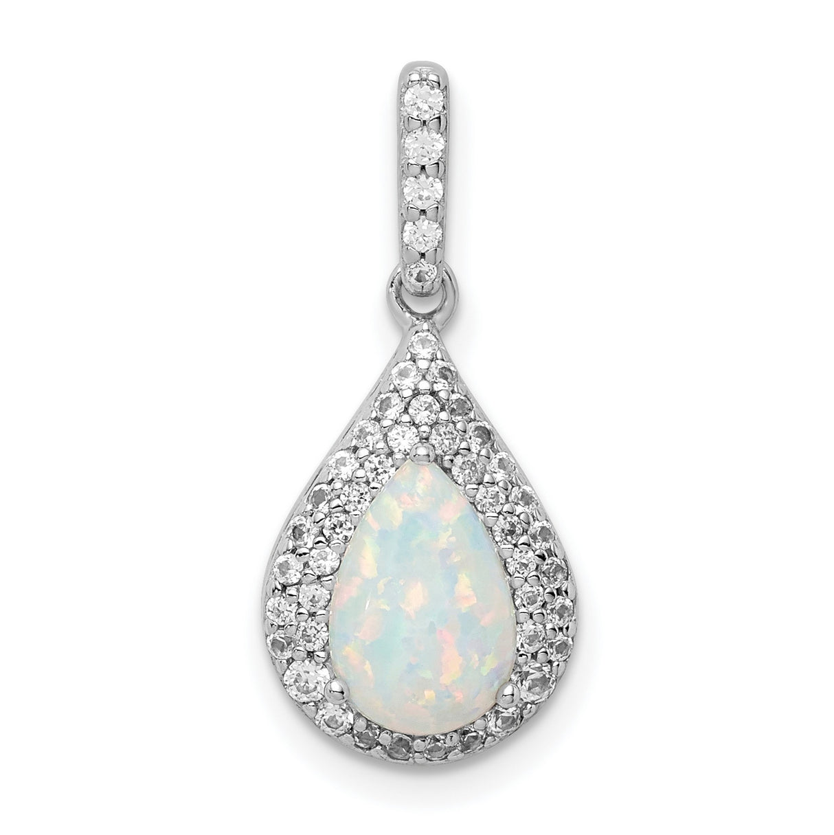 Sterling Silver Teardrop Pendant with Lab Created Opal and Cubic Zirconia Halo