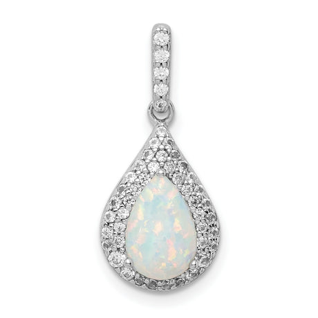 Sterling Silver Teardrop Pendant with Lab Created Opal and Cubic Zirconia Halo