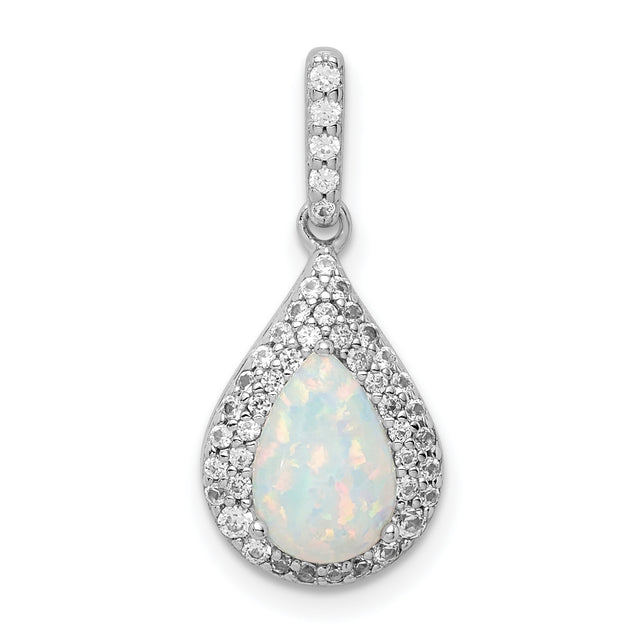 Sterling Silver Teardrop Pendant with Lab Created Opal and Cubic Zirconia Halo
