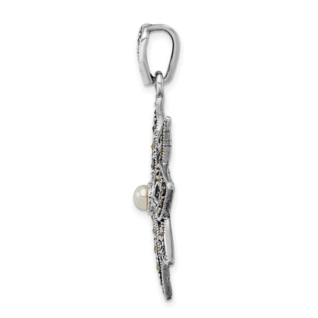 Sterling Silver Pendant with Simulated Pearl, Marcasite Accents, Lotus Flower Design, Vintage Boho Style