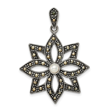 Sterling Silver Pendant with Simulated Pearl, Marcasite Accents, Lotus Flower Design, Vintage Boho Style
