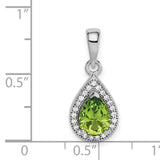 Sterling Silver Teardrop Pendant with Pear-Shaped Green Gemstone and Cubic Zirconia Halo