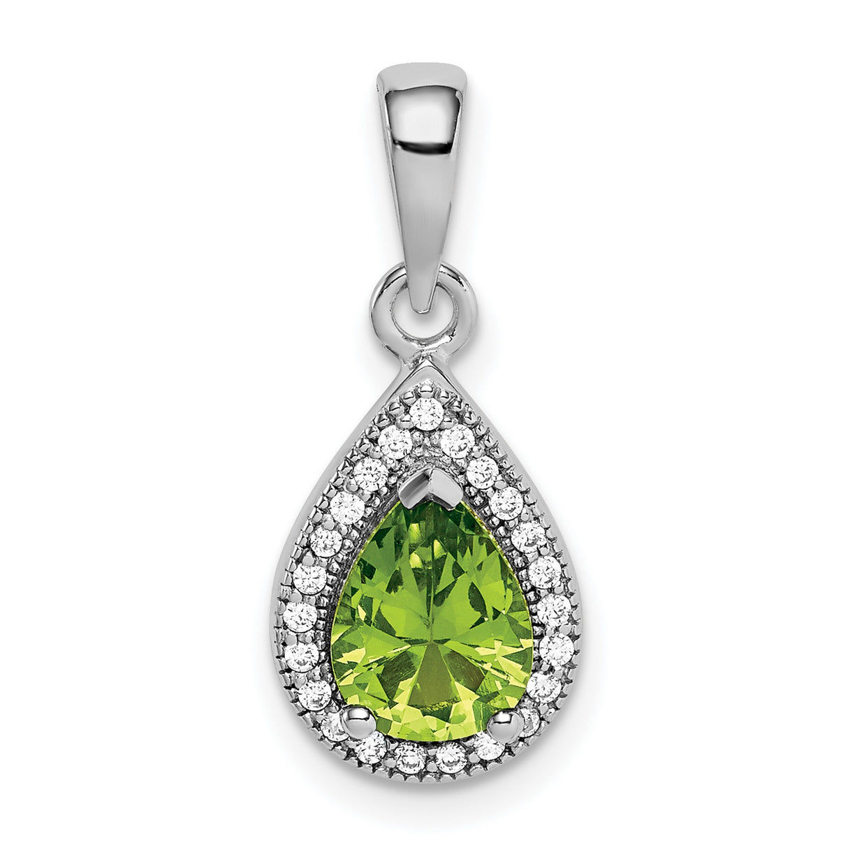 Sterling Silver Teardrop Pendant with Pear-Shaped Green Gemstone and Cubic Zirconia Halo