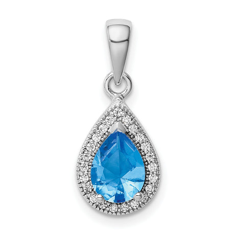 Sterling Silver Teardrop Pendant with Pear Shaped Blue Gemstone and Halo Cubic Zirconia