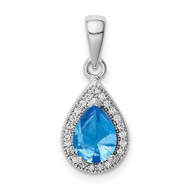 Sterling Silver Teardrop Pendant with Pear Shaped Blue Gemstone and Halo Cubic Zirconia