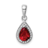 Sterling Silver Teardrop Pendant with Red Gemstone and Cubic Zirconia Halo