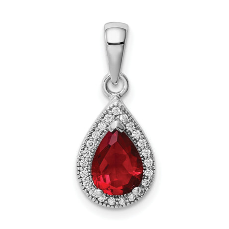 Sterling Silver Teardrop Pendant with Red Gemstone and Cubic Zirconia Halo