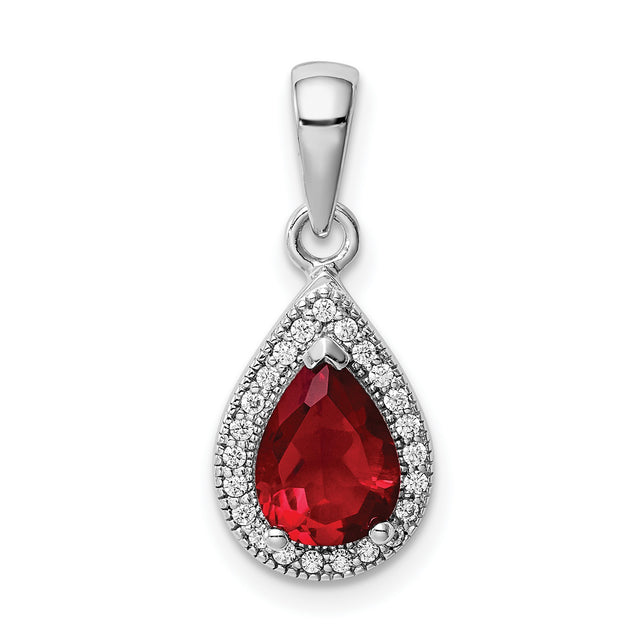 Sterling Silver Teardrop Pendant with Red Gemstone and Cubic Zirconia Halo
