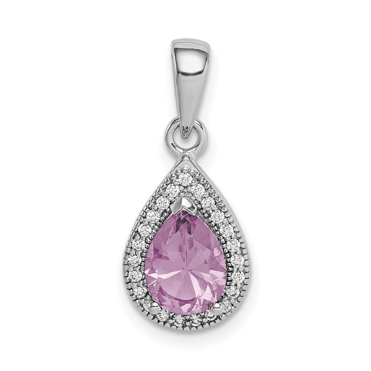 Sterling Silver Teardrop Pendant with Pink Gemstone and Cubic Zirconia Halo