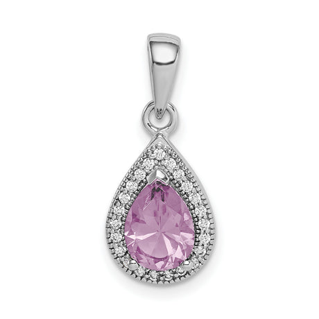 Sterling Silver Teardrop Pendant with Pink Gemstone and Cubic Zirconia Halo