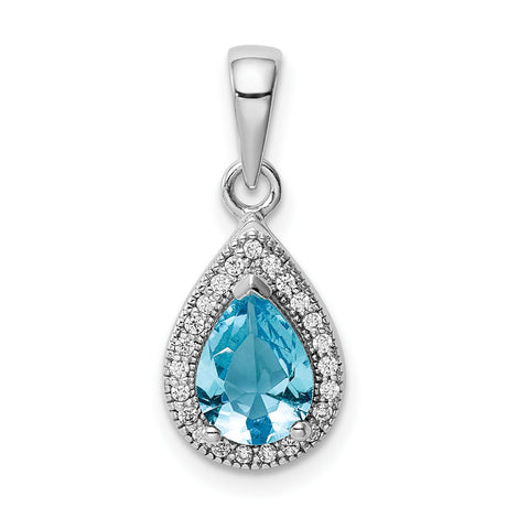 Sterling Silver Teardrop Pendant with Blue Topaz and Cubic Zirconia Halo