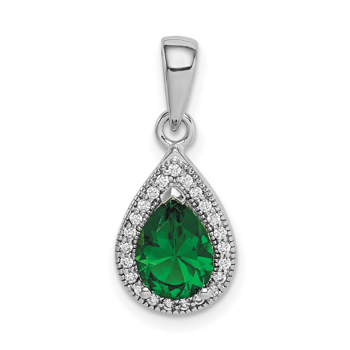 Sterling Silver Teardrop Pendant with Pear-Shaped Green Stone and Cubic Zirconia Halo