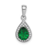 Sterling Silver Teardrop Pendant with Pear-Shaped Green Stone and Cubic Zirconia Halo