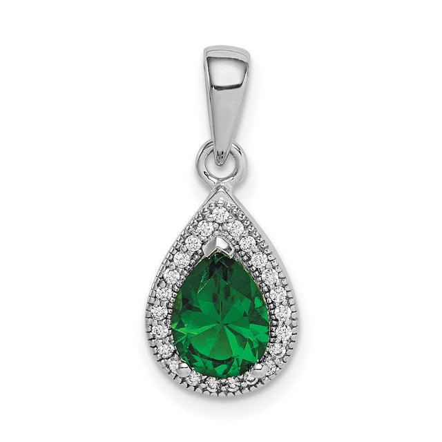Sterling Silver Teardrop Pendant with Pear-Shaped Green Stone and Cubic Zirconia Halo