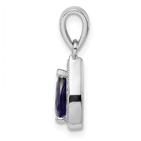 Sterling Silver Teardrop Pendant with Deep Blue Gemstone and Cubic Zirconia Halo