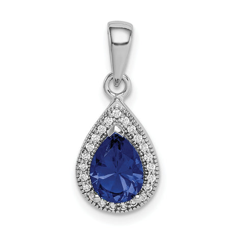 Sterling Silver Teardrop Pendant with Deep Blue Gemstone and Cubic Zirconia Halo
