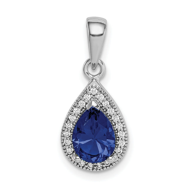 Sterling Silver Teardrop Pendant with Deep Blue Gemstone and Cubic Zirconia Halo