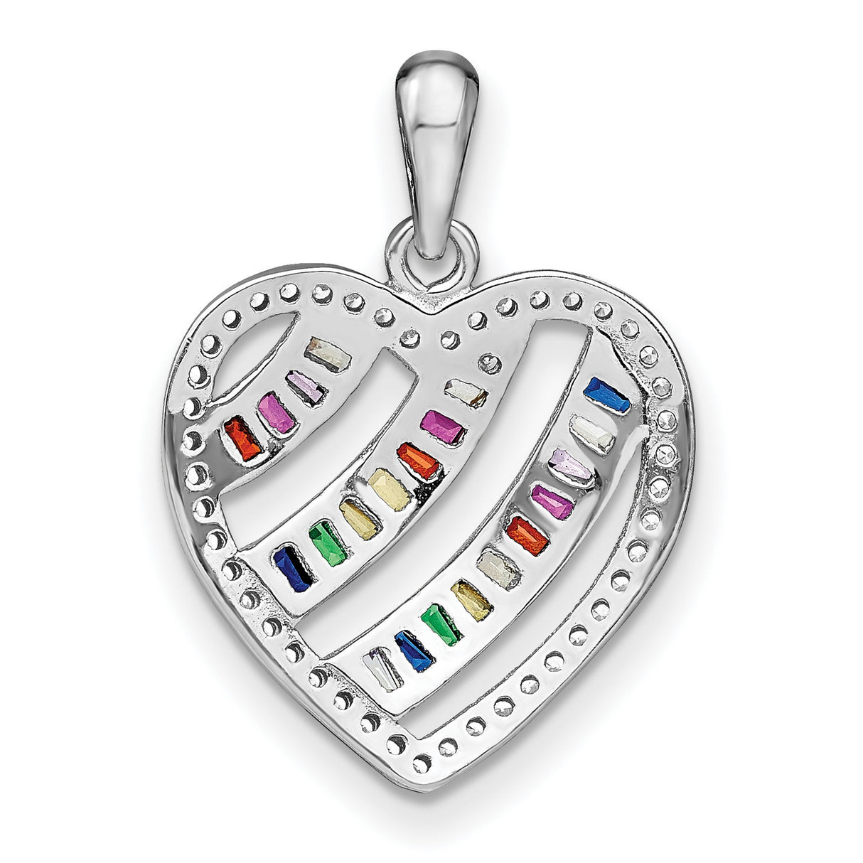 Sterling Silver Heart Pendant with Cubic Zirconia, Rainbow Baguette Design, Symbol of Love and Pride