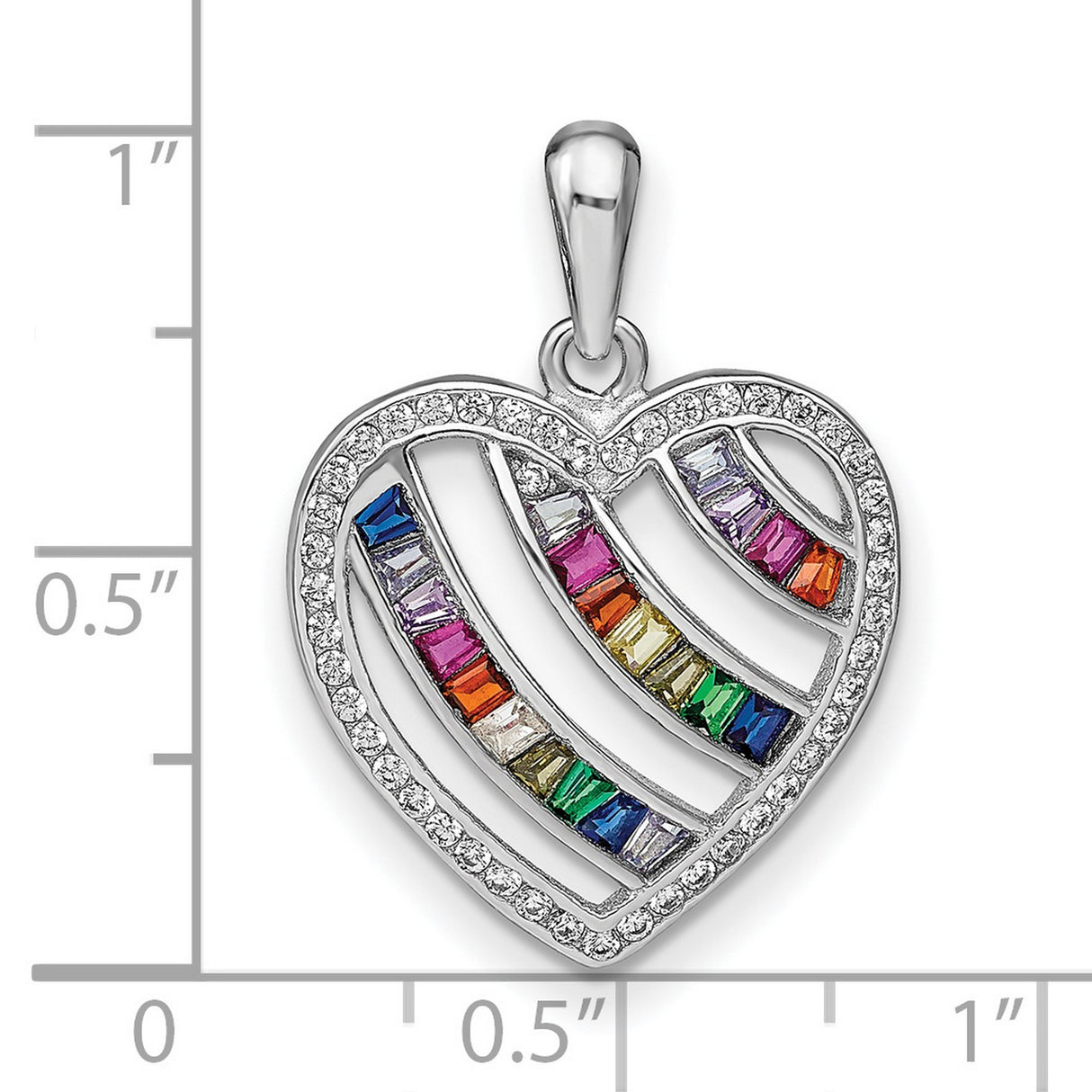 Sterling Silver Heart Pendant with Cubic Zirconia, Rainbow Baguette Design, Symbol of Love and Pride