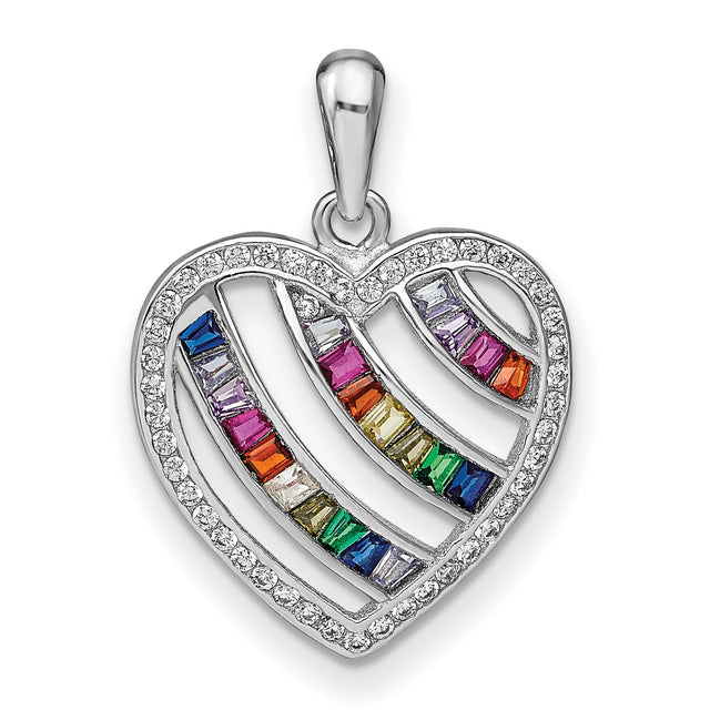 Sterling Silver Heart Pendant with Cubic Zirconia, Rainbow Baguette Design, Symbol of Love and Pride