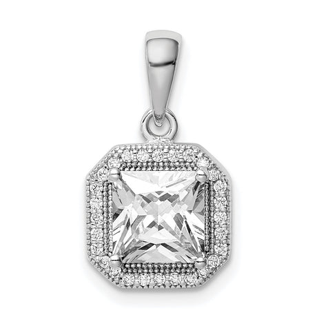 Sterling Silver Pendant with Square Cubic Zirconia Center and Double Halo Setting