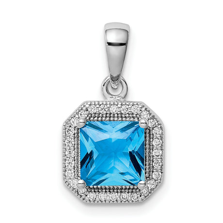 Sterling Silver Pendant with Square Blue Cubic Zirconia and Clear Halo Stones, Geometric Design