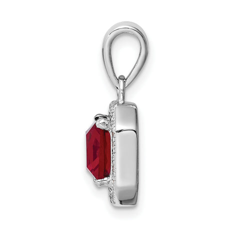 Sterling Silver Pendant with Square Red Cubic Zirconia and Clear Halo Accents for Women