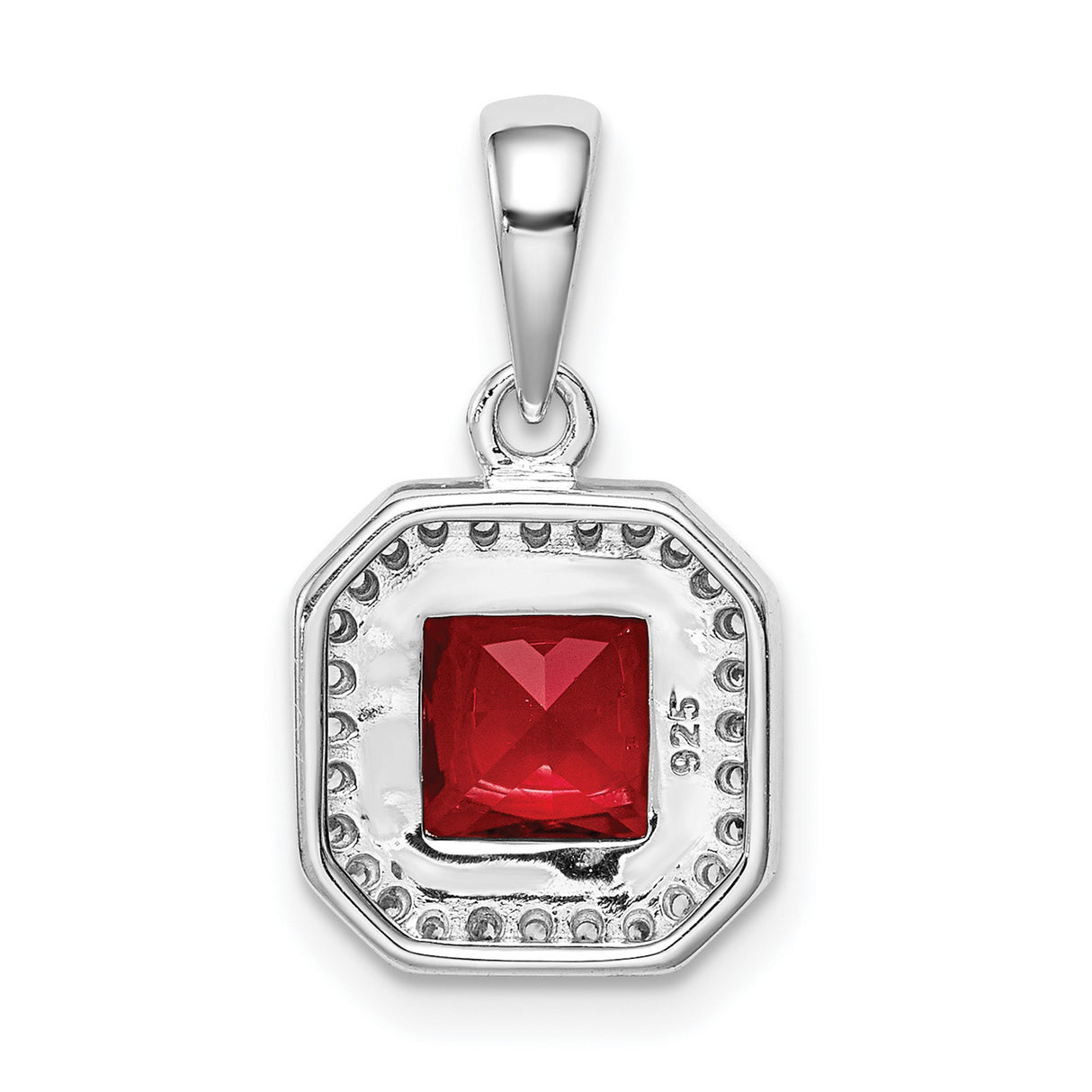 Sterling Silver Pendant with Square Red Cubic Zirconia and Clear Halo Accents for Women