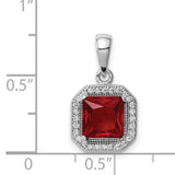 Sterling Silver Pendant with Square Red Cubic Zirconia and Clear Halo Accents for Women