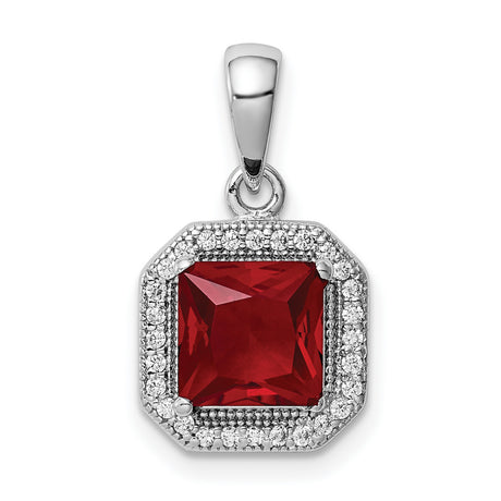 Sterling Silver Pendant with Square Red Cubic Zirconia and Clear Halo Accents for Women