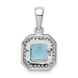 Sterling Silver Pendant with Square Blue Topaz and Halo Cubic Zirconia Accents