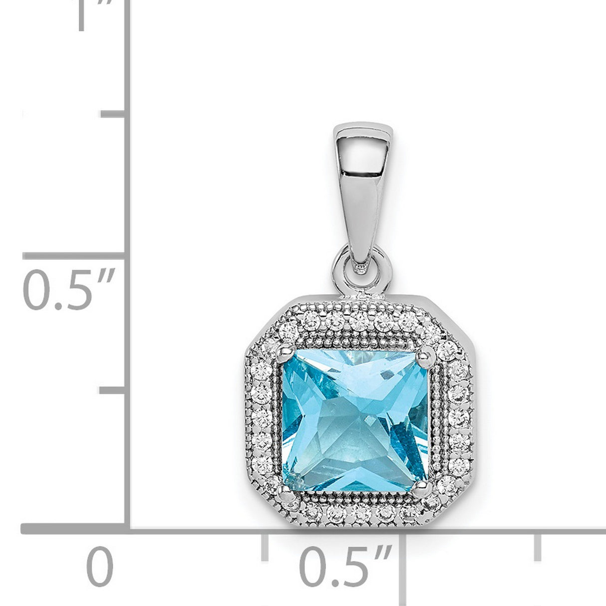 Sterling Silver Pendant with Square Blue Topaz and Halo Cubic Zirconia Accents