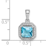 Sterling Silver Pendant with Square Blue Topaz and Halo Cubic Zirconia Accents