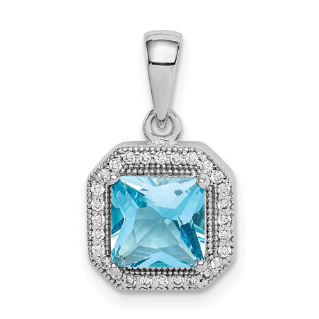 Sterling Silver Pendant with Square Blue Topaz and Halo Cubic Zirconia Accents