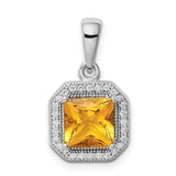 Sterling Silver Pendant with Square Cut Yellow Cubic Zirconia and Halo of White Stones