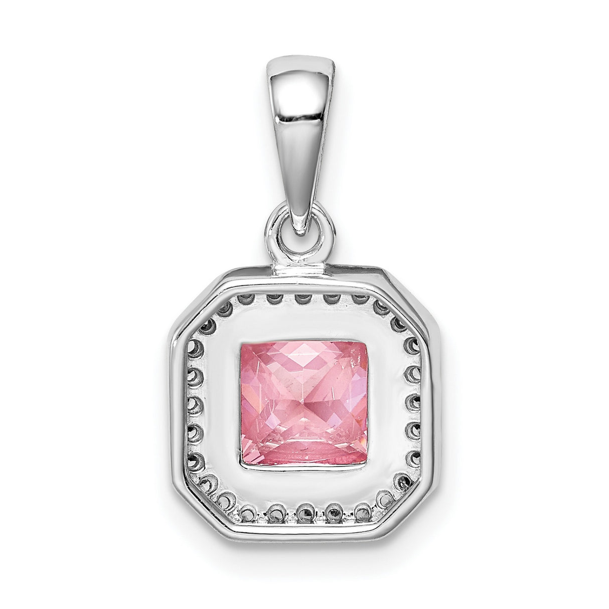 Sterling Silver Pendant with Square Cut Pink Cubic Zirconia and Clear Halo Stones