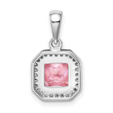 Sterling Silver Pendant with Square Cut Pink Cubic Zirconia and Clear Halo Stones