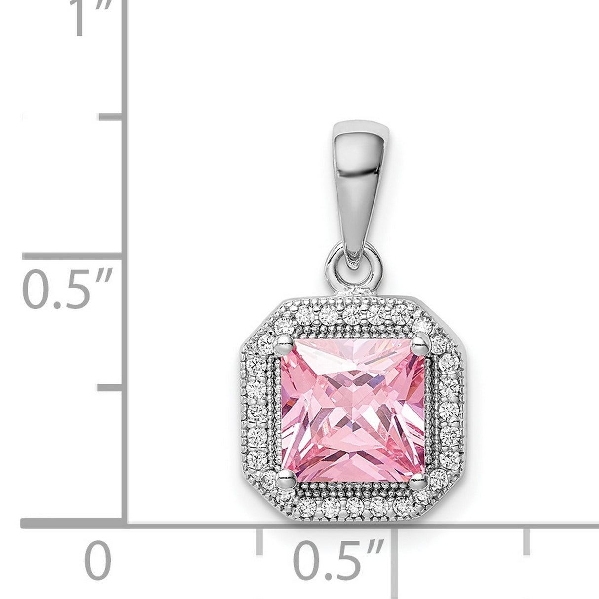 Sterling Silver Pendant with Square Cut Pink Cubic Zirconia and Clear Halo Stones